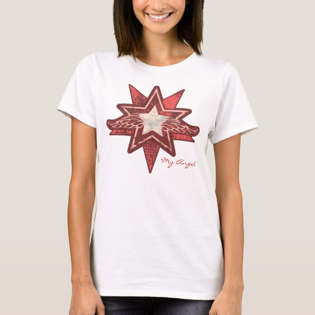 Angel star add your photo ladies red & white t T-Shirt (Front)