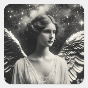 Angel Stars Black and White Square Sticker