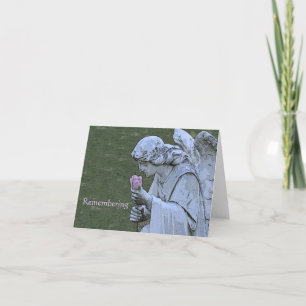 "ANGEL STATUE KNEELING, HOLDING PINK ROSE / REMEMB CARD