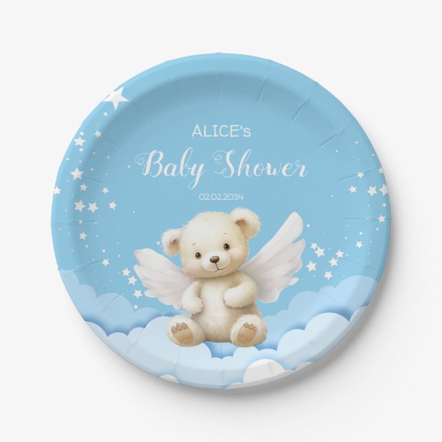 Angel Teddy Bear on Clouds Baby Blue Paper Plate (Front)