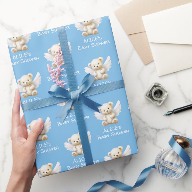 Angel Teddy Bear with Name Blue Baby Shower  Wrapping Paper (Gifting)