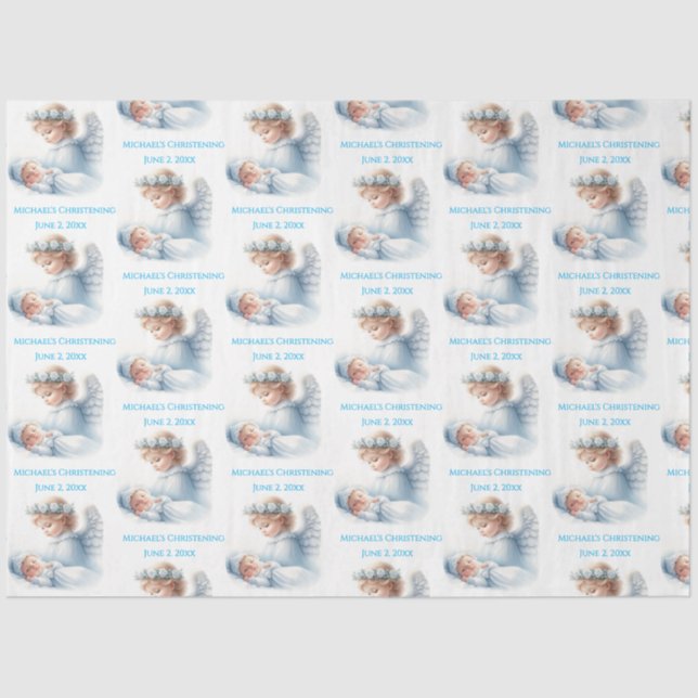 Angel Watching Over Baby Boy Baptism Tissue Paper (Front)