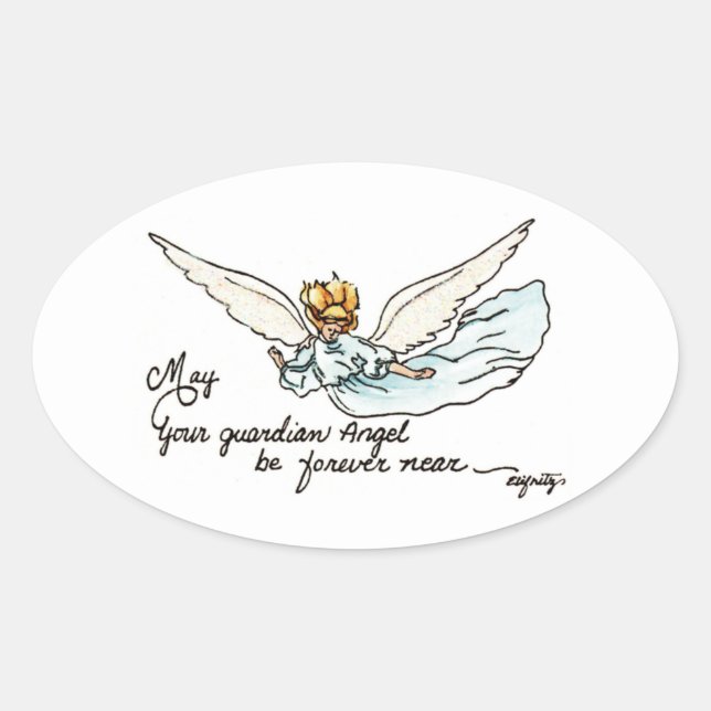 Angel Watercolor Gracefully Near and Watching You Oval Sticker (Front)