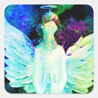 Angel Watercolor Green Blue Wings Halo Art Square Sticker