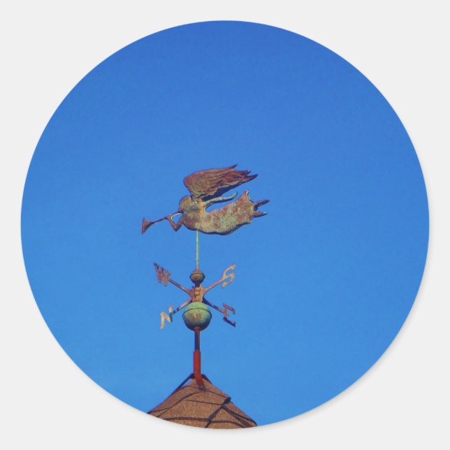 Angel Weather Vane Bright Blue Sky Classic Round Sticker (Front)