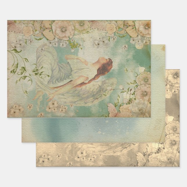 Angel White Flowers Blue Sky Wrapping Paper Sheet (Set)