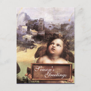 ANGEL,Winged Cherub,Blue Sapphire,Parchment Holiday Postcard