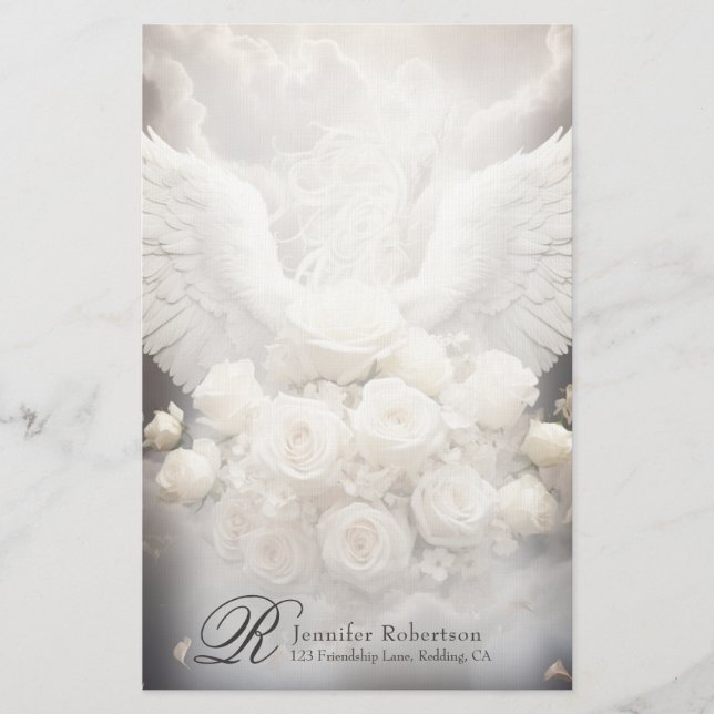 Angel Wings and Roses Monogram Stationery (Front)