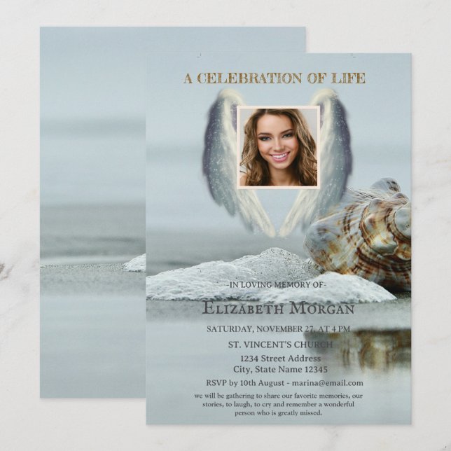 Angel Wings Beach Seashell Celebration Of Life Invitation (Front/Back)