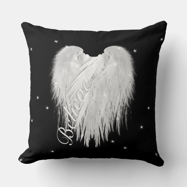 ANGEL WINGS 'Believe' Heart Black Starry Cushion (Front)