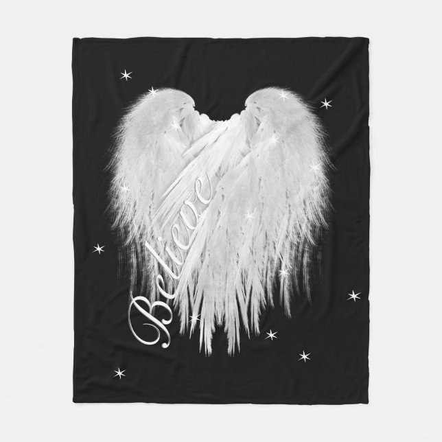 ANGEL WINGS 'Believe' Heart Black Starry Fleece Blanket (Front)
