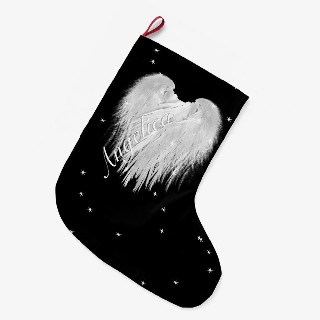 ANGEL WINGS 'Believe' Heart Black Starry Large Christmas Stocking (Front (Hanging))