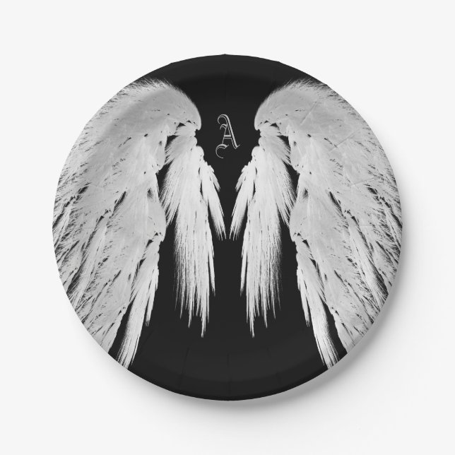 ANGEL WINGS Black Custom Monogram Paper Plate (Front)