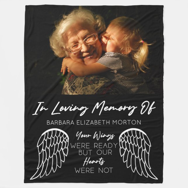 Angel Wings Black Custom Photo Memorial Gift Fleece Blanket (Front)