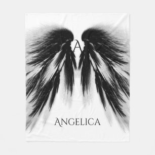 ANGEL WINGS Black Grey Monogram Fleece Blanket