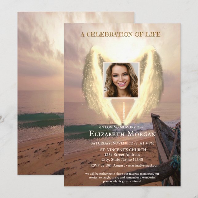 Angel Wings Boat Sunset Photo Celebration Of Life Invitation (Front/Back)