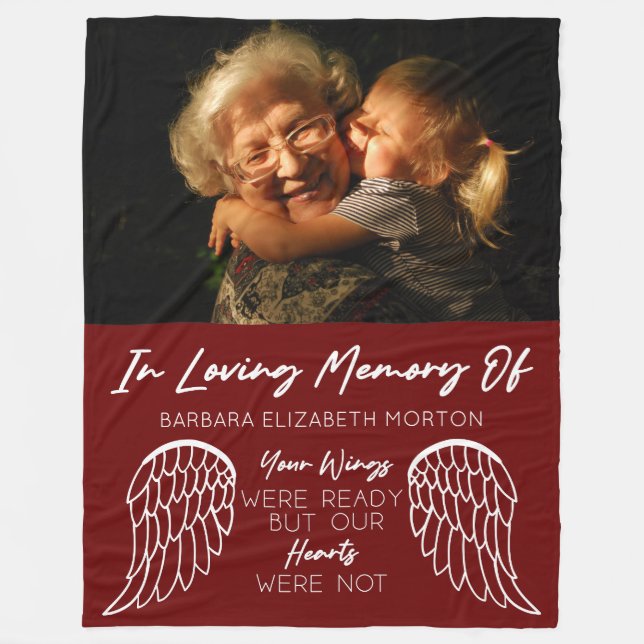 Angel Wings Burgundy Custom Photo Memorial Gift Fleece Blanket (Front)