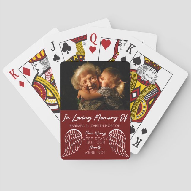 Angel Wings Burgundy Custom Photo Memorial Gift Playing Cards (Back)