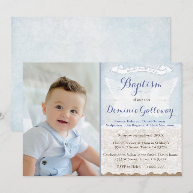 Angel Wings Burlap Lace Baby Boy Baptism PhotoCard Invitation (Front/Back)