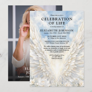 Angel Wings Celebration of Life Funeral Photo Invitation