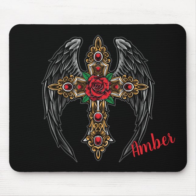 Angel Wings, Cross and Roses Mouse Mat (Front)
