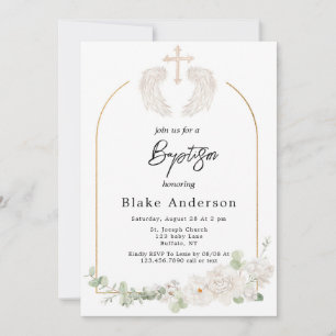 Angel Wings Cross Gold Baby Baptism  Invitation