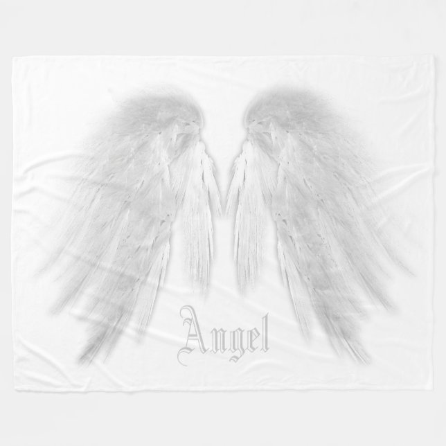 ANGEL WINGS Custom Name Grey White Fleece Blanket (Front (Horizontal))
