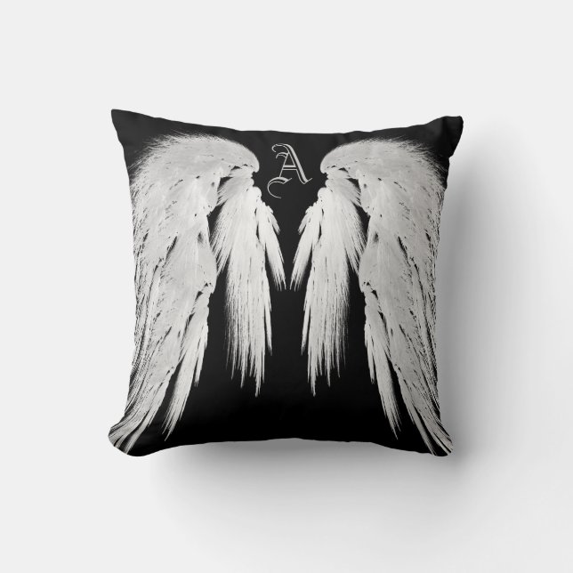 ANGEL WINGS Grey Touched Feathers Custom Monogram Cushion (Front)
