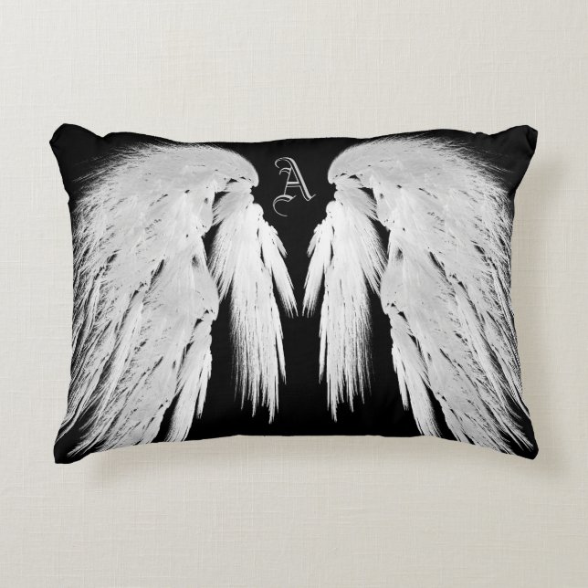 ANGEL WINGS Grey Touched Feathers Custom Monogram Decorative Cushion (Front)