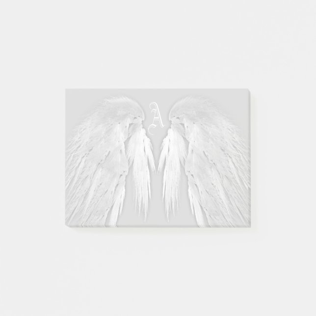 ANGEL WINGS Grey Touched Feathers Custom Monogram Post-it Notes (Front)