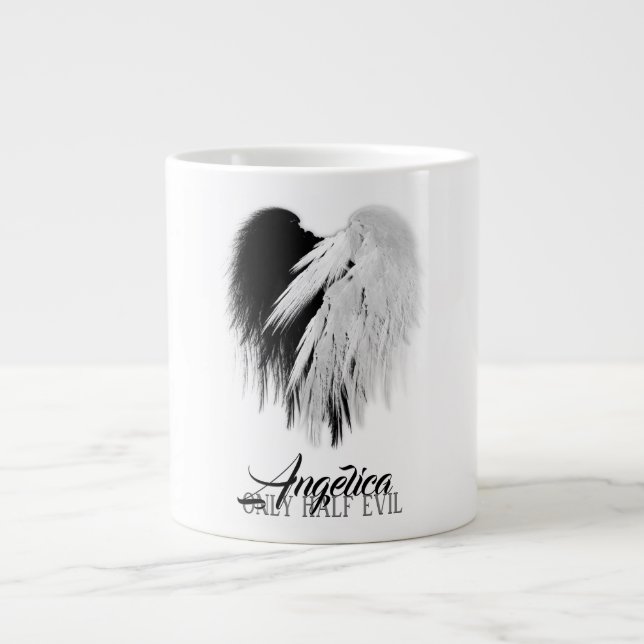ANGEL WINGS HEART Black+White Only Half Evil Funny Large Coffee Mug (Front)