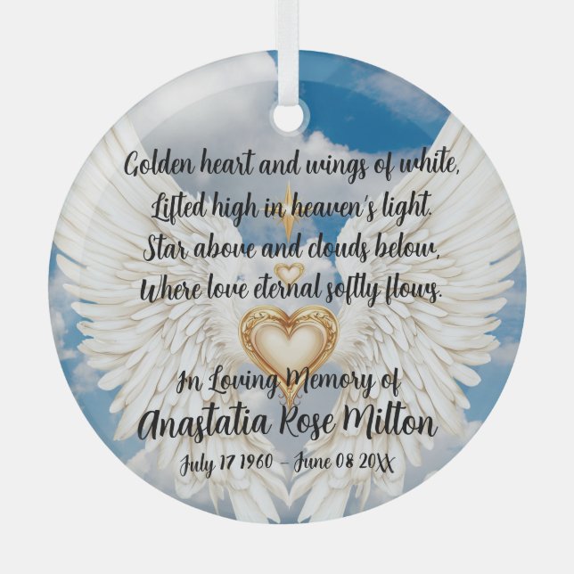Angel Wings Memorial Design with Golden Heart  Glass Tree Decoration (Front)