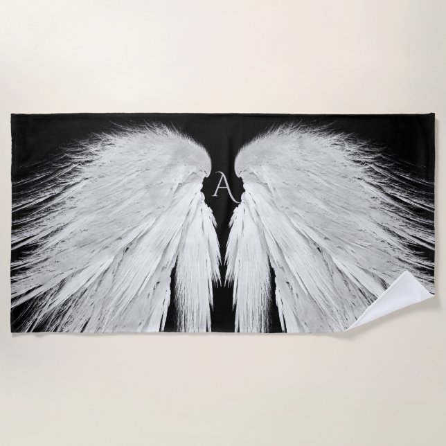 ANGEL WINGS Monogram Black Beach Towel (Front)