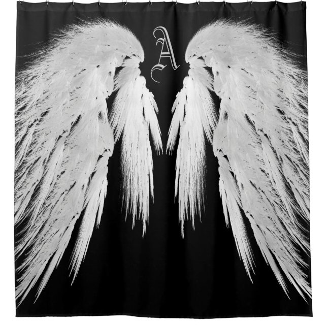 ANGEL WINGS Monogram Black Shower Curtain (Front)