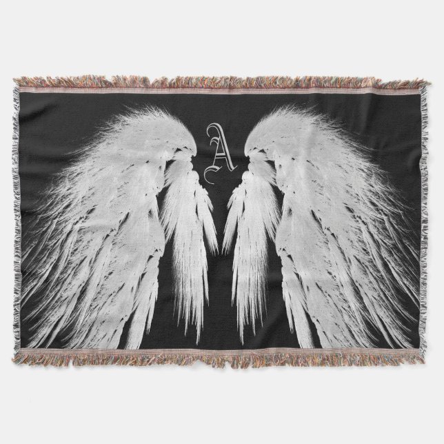 ANGEL WINGS Monogram Black Throw Blanket (Front)