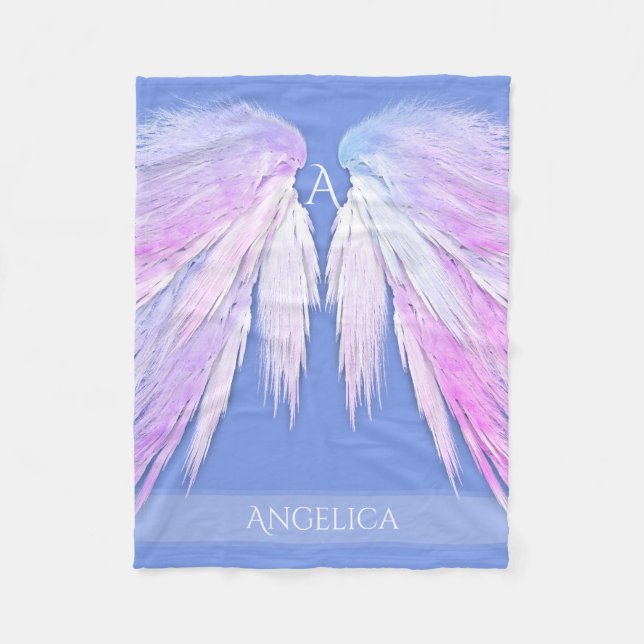 ANGEL WINGS Monogram Dreamy Pink Soft Blue Fleece Blanket (Front)