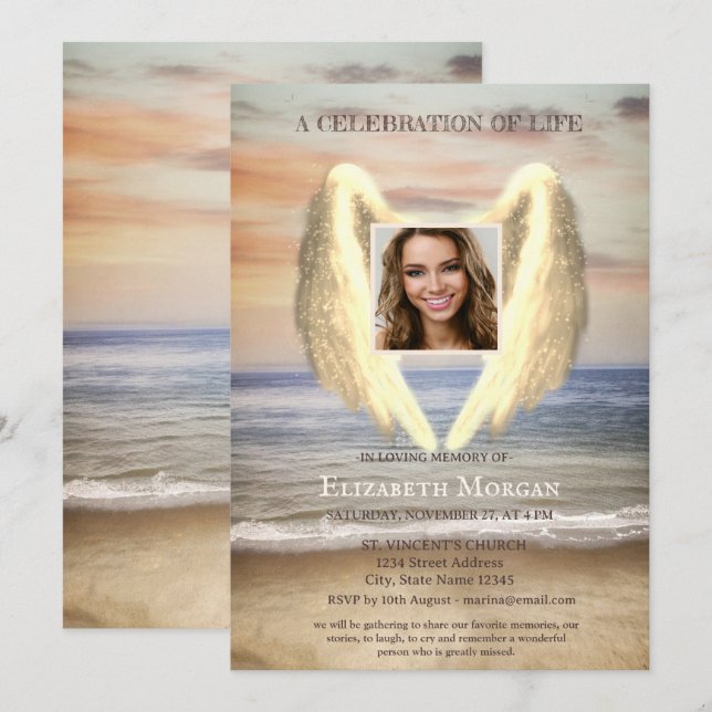Angel Wings Ocean Beach Photo Celebration Of Life Invitation (Front/Back)