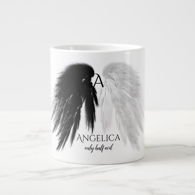 ANGEL WINGS 'Only Half Evil' Monogram Funny Large Coffee Mug (Front)