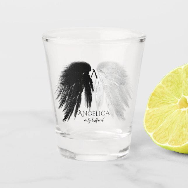 ANGEL WINGS 'Only Half Evil' Monogram Funny Shot Glass (Front)