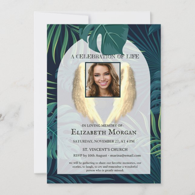 Angel Wings Palm Leaves Photo Celebration Of Life Invitation (Front)