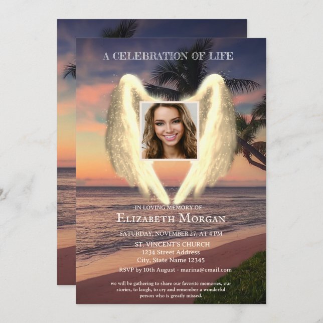 Angel Wings Palm Sunset Photo Celebration Of Life Invitation (Front/Back)