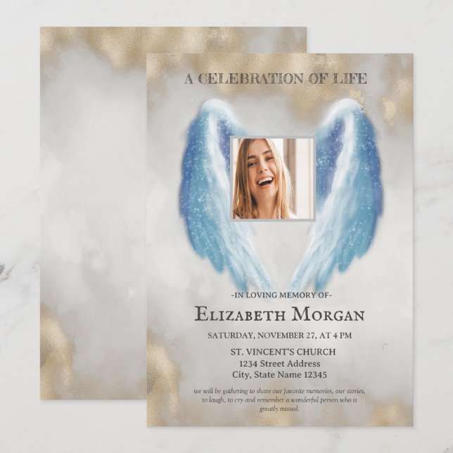 Angel Wings Photo Gold Celebration Of Life Invitation (Front/Back)