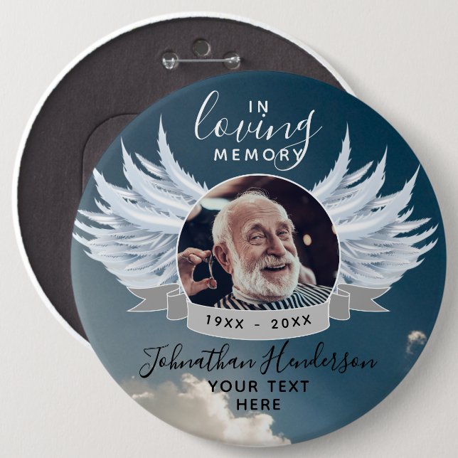 Angel Wings Photo Loving Memory Funeral/Memorial 6 Cm Round Badge (Front & Back)