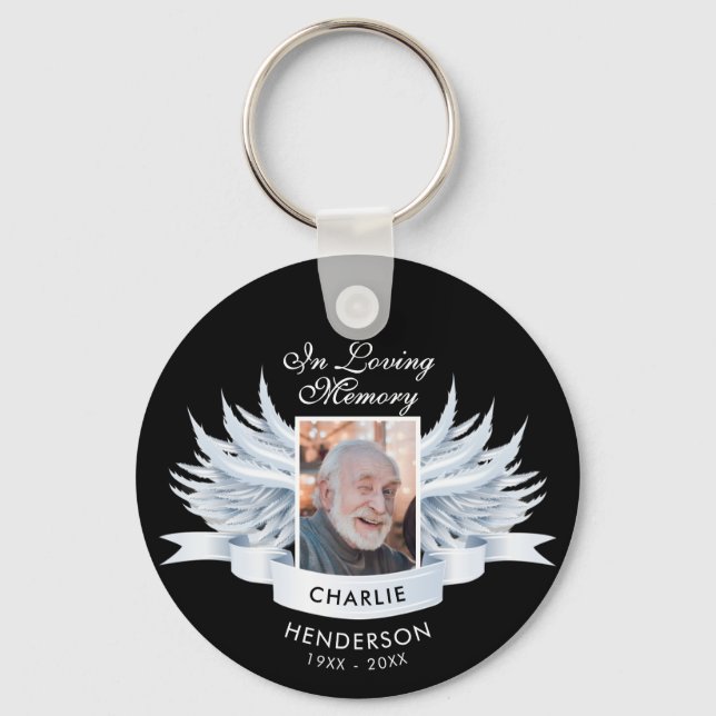 Angel Wings Photo Loving Memory Funeral/Memorial Key Ring (Front)
