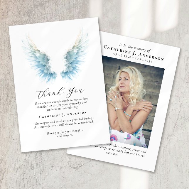 Angel Wings Photo Sympathy Funeral Memorial Thank You Card (Creator Uploaded)