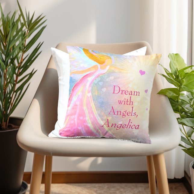 Angel Wings Pink Blue Heart Dream Watercolor Name Cushion (Angel Pillow Personalized Name quote Dream with Angels Watercolor Art by Kristy Carr McAdams)