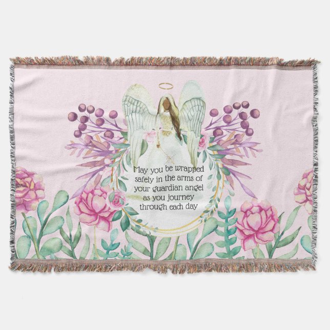 Angel wings pink peony floral wreath poem throw blanket (Front)