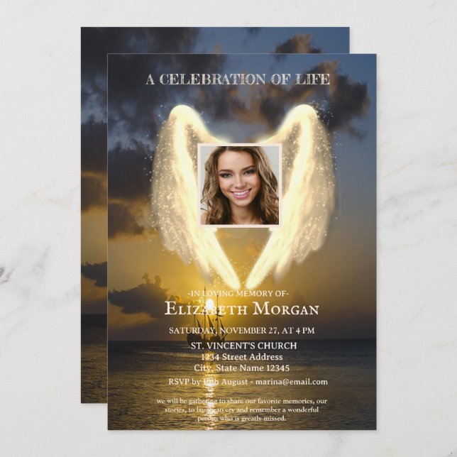 Angel Wings Sailboat Photo Celebration Of Life Invitation (Front/Back)