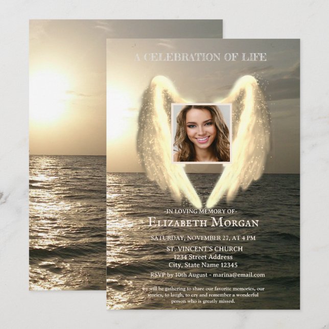 Angel Wings Sea Sunset Photo Celebration Of Life Invitation (Front/Back)