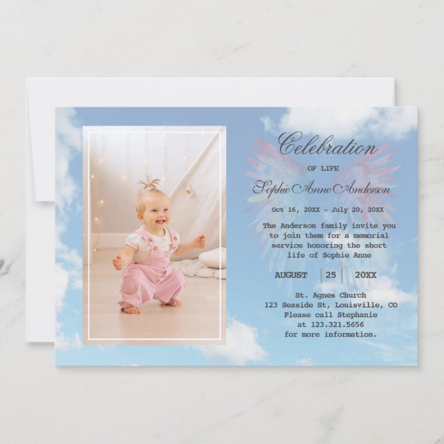Angel Wings Sky Celebration of Life Photo Memory Invitation (Front)